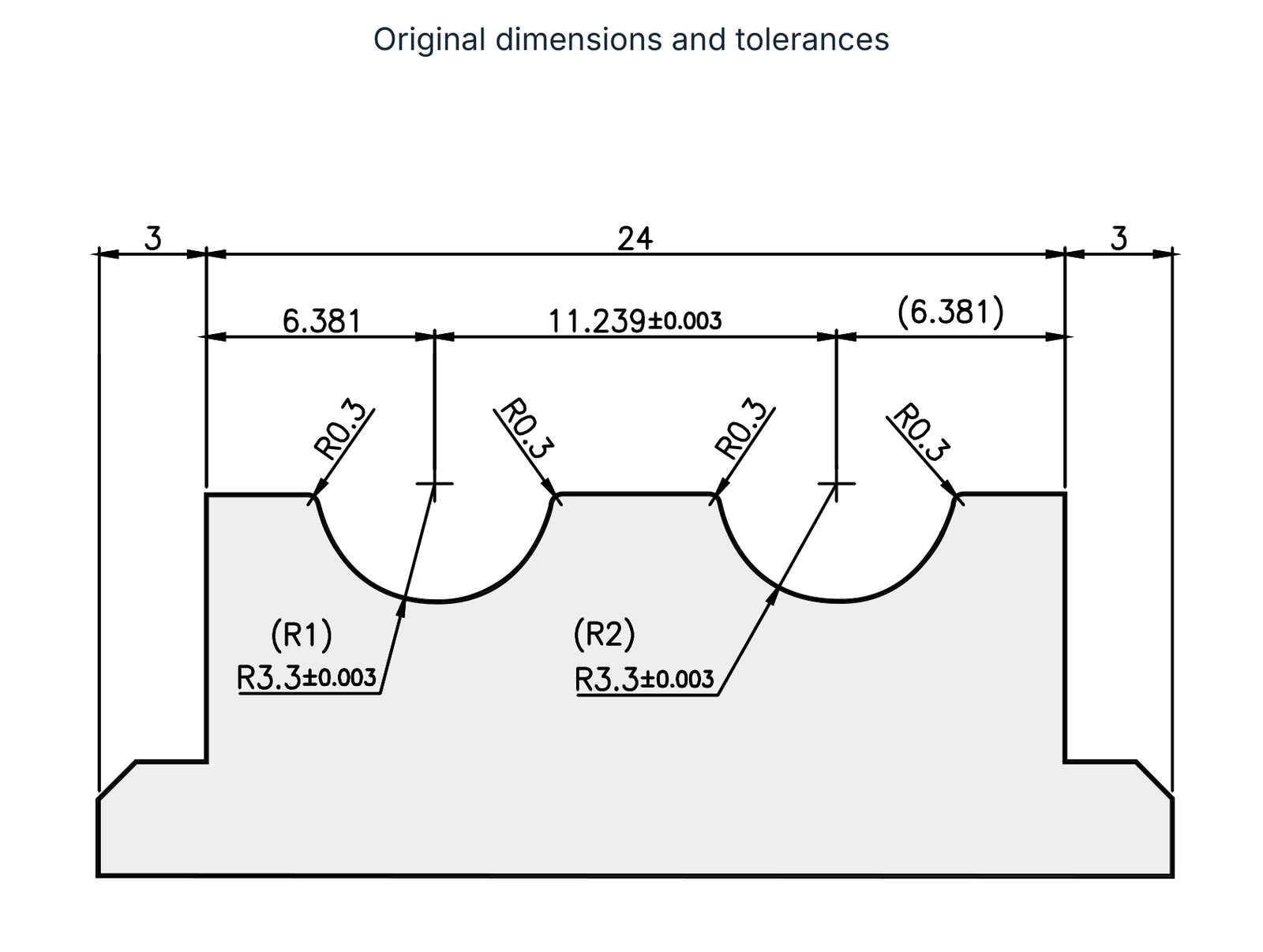Dimensioned guide block profile, including all original tolerances.
