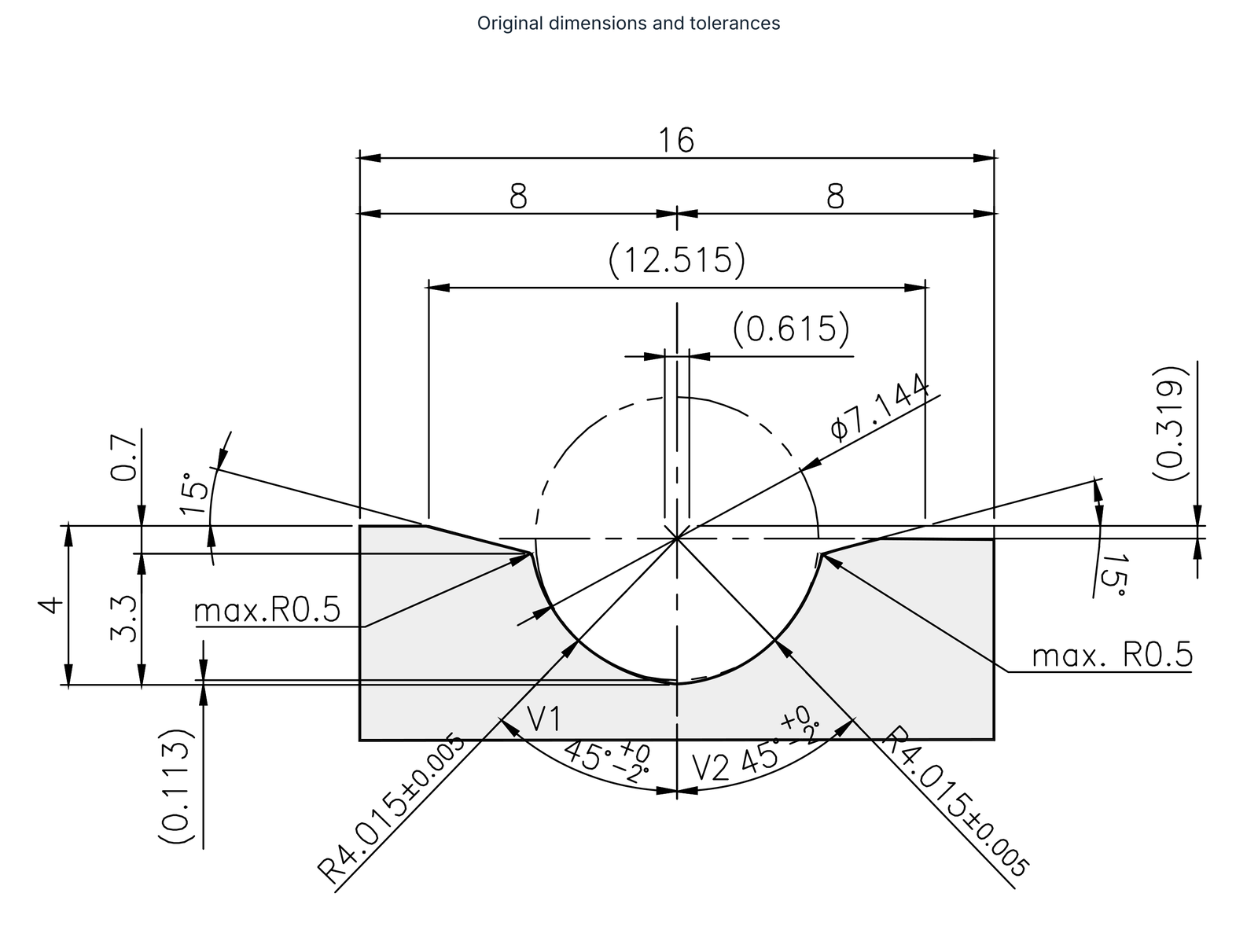 R-profile with the complete original dimensions and tolerances.