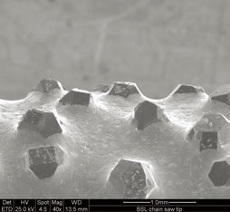 BSL-Kettensägenspitze: Mikroskopbild mit Maßstab 1.0 mm