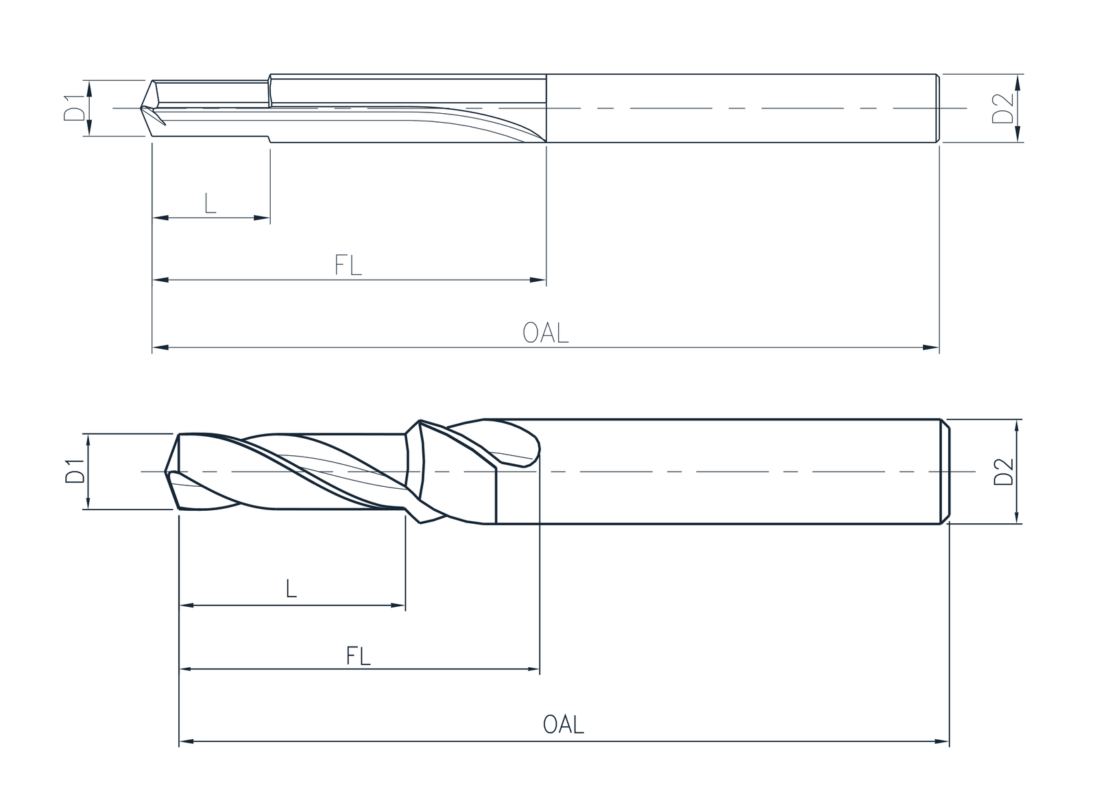 Drill dimension diagrams showing D1, D2, L, FL and OAL.