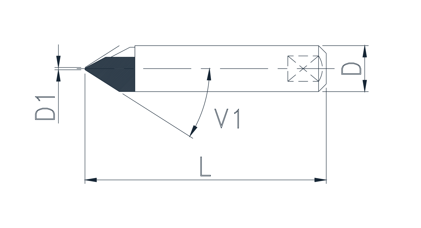 Maßschema des PCBN-Schaftfräsers mit D, D1, L und V1.