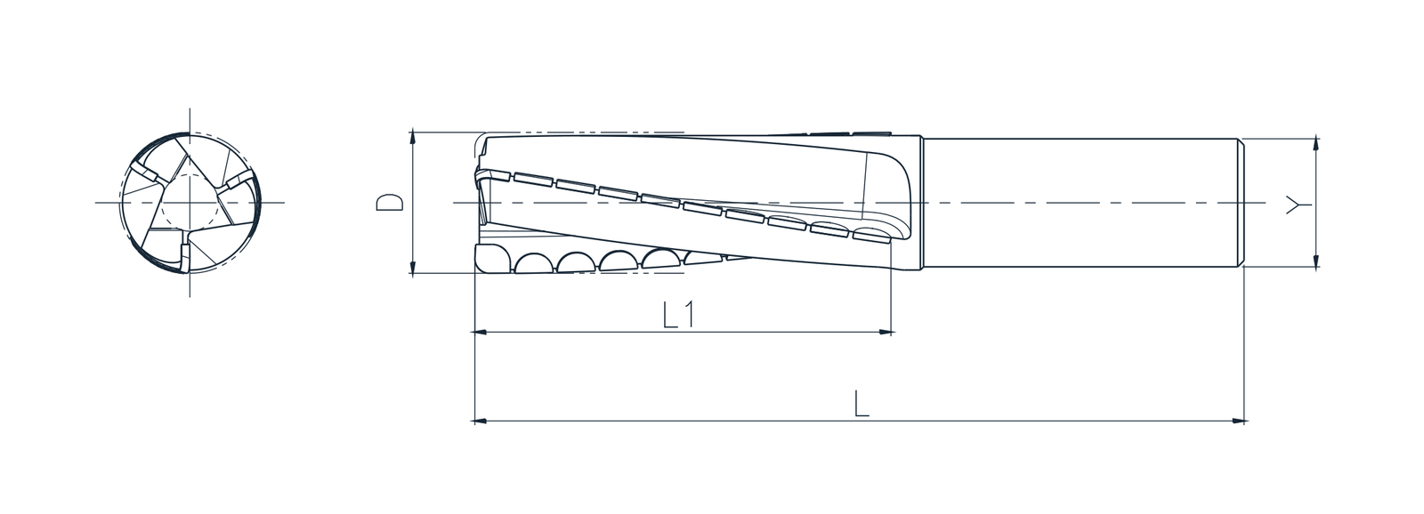 Tool drawing with end and side views: D, Y, L1 and L.