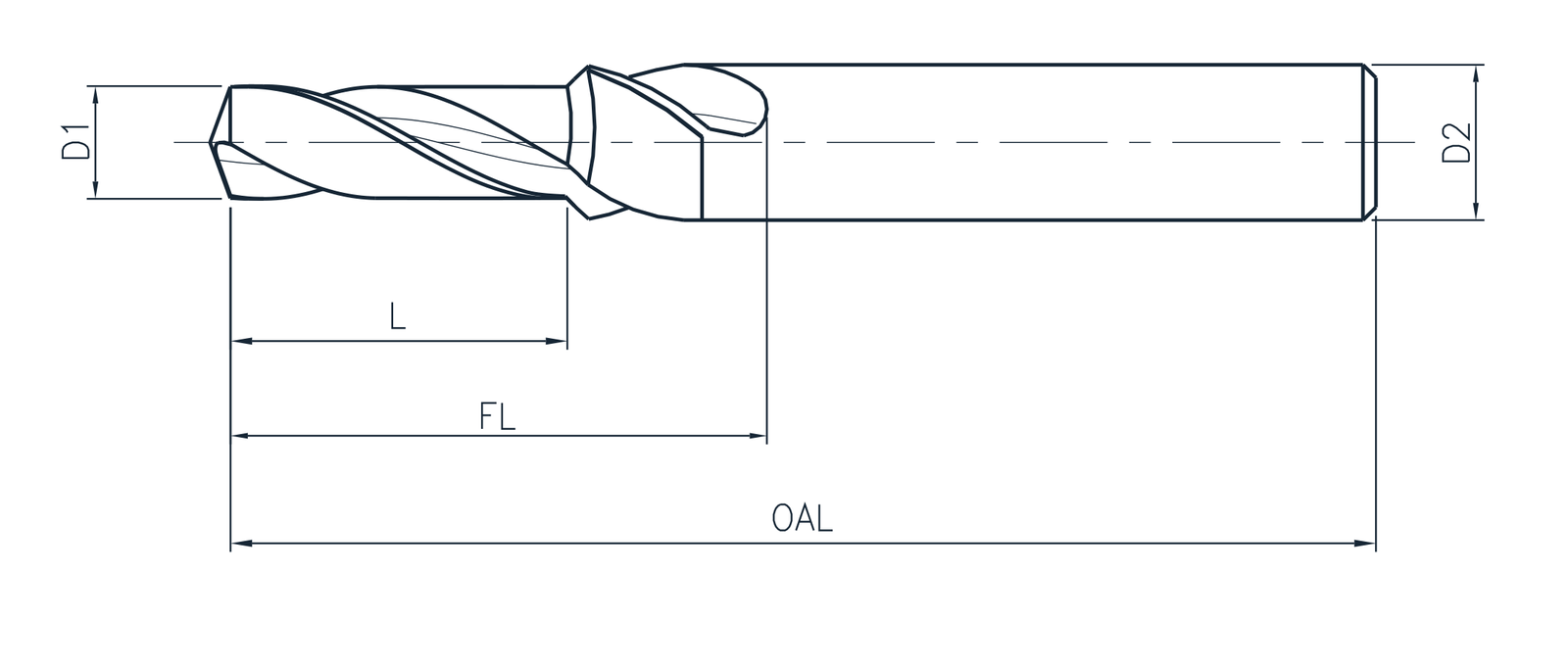 Drill drawing with D1, D2, L, FL and OAL.