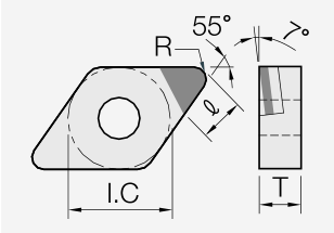 DNGX (PCD / CVD): Schneidplattenmaßzeichnung mit den zugehörigen Geometriezeichen.