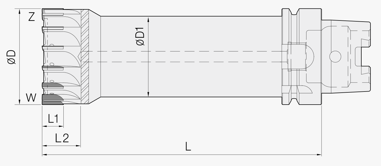 Schaftfräser: unveränderte Maßbezüge D, D1, L1, L2, W, L und Z des Auslegungsblatts.