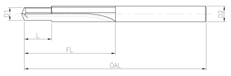 Glättbohrer: Maßschema D1, D2, L, FL und OAL.