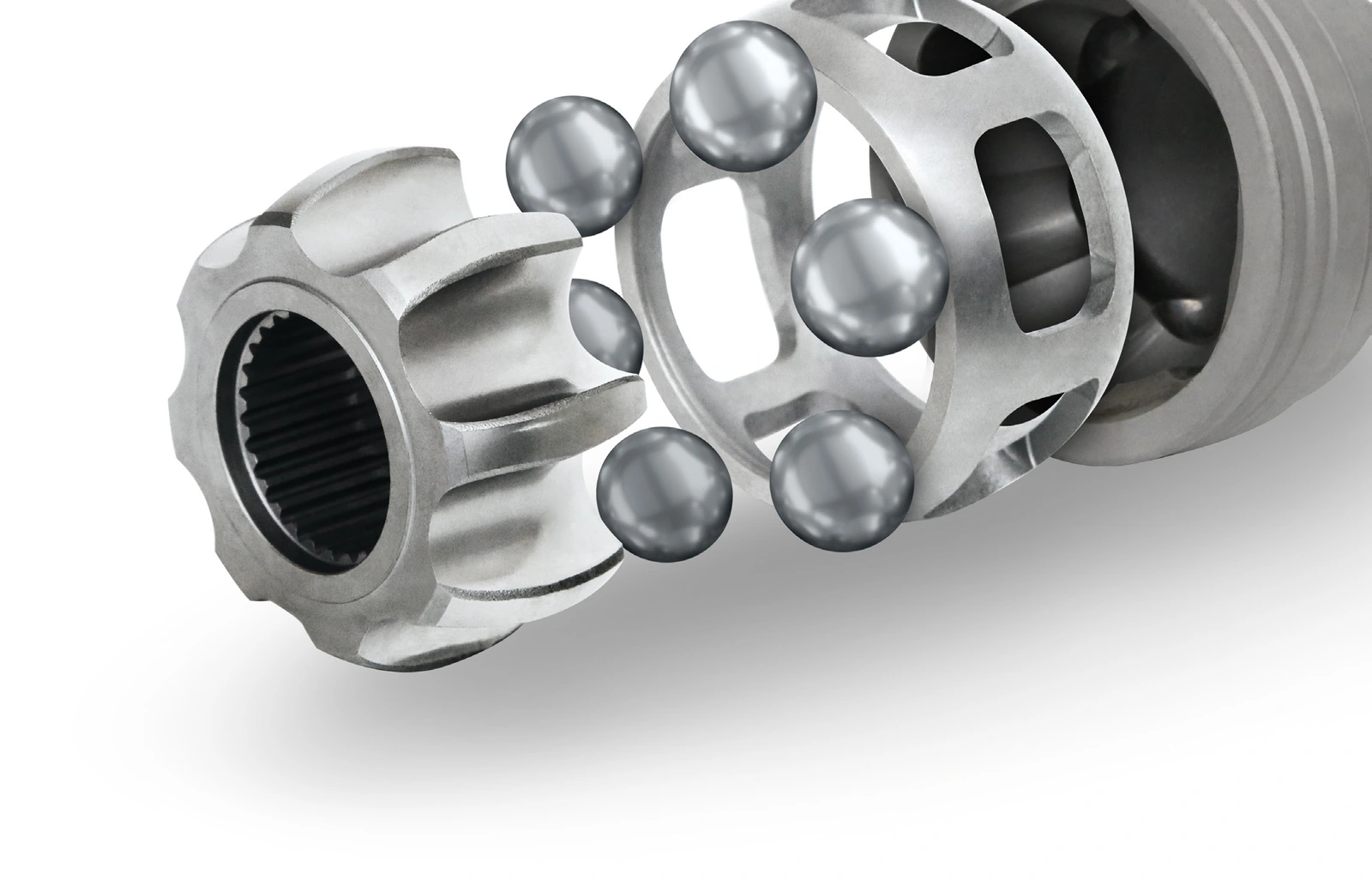 Joint components and balls in an exploded view.