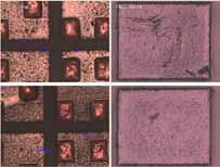 Vier Originalaufnahmen des Keramikgehäuse-Beispiels: Ausbrüche 10–20 µm, maximal 27 µm.