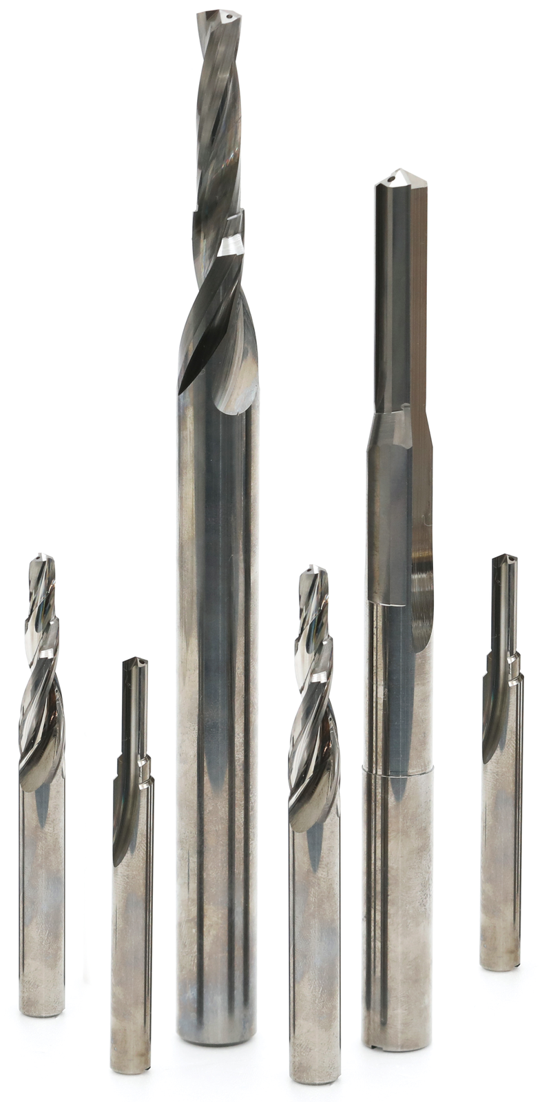 Six solid-carbide drills for aluminium alloys in different designs.