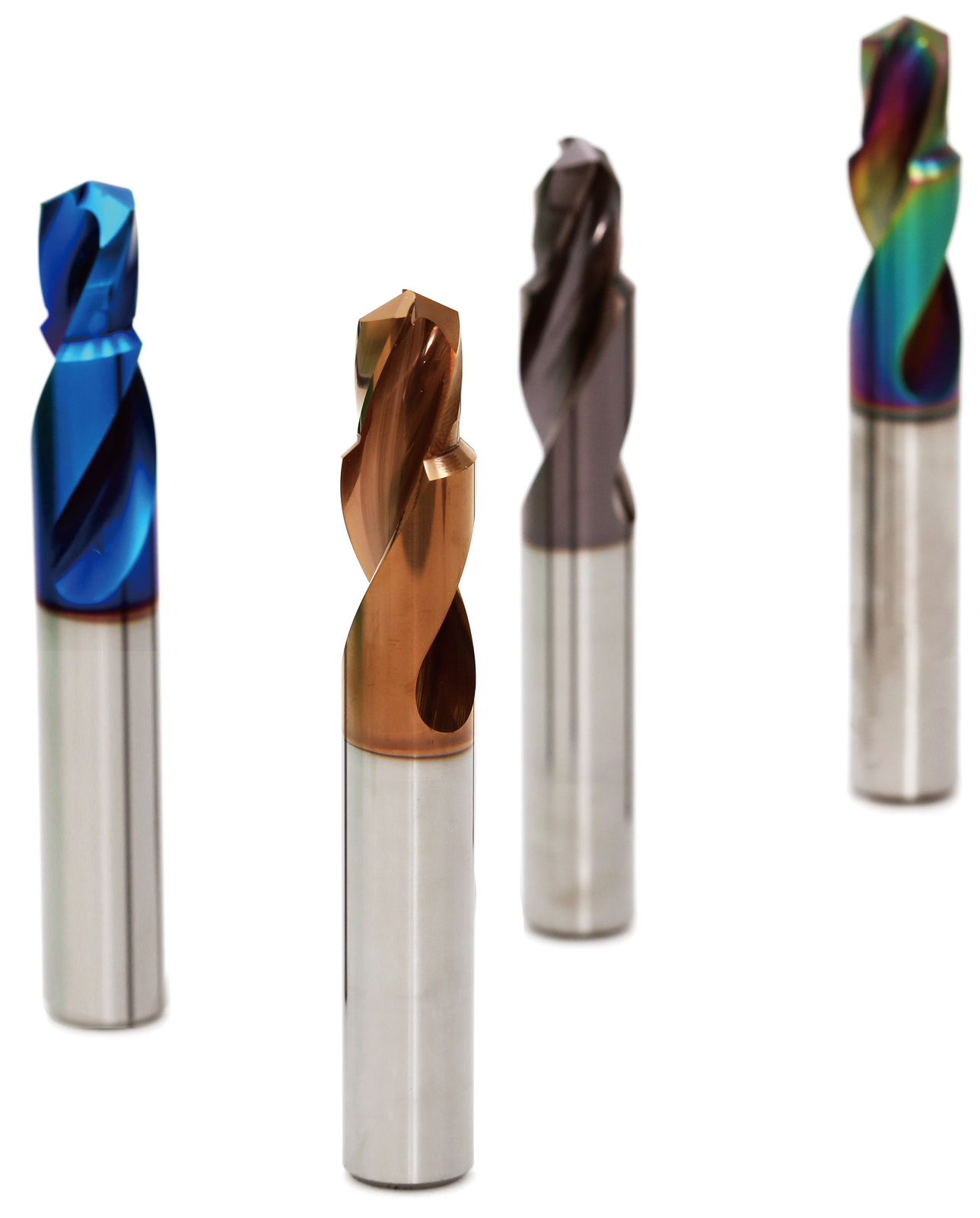 Four coated solid-carbide drills as product examples.