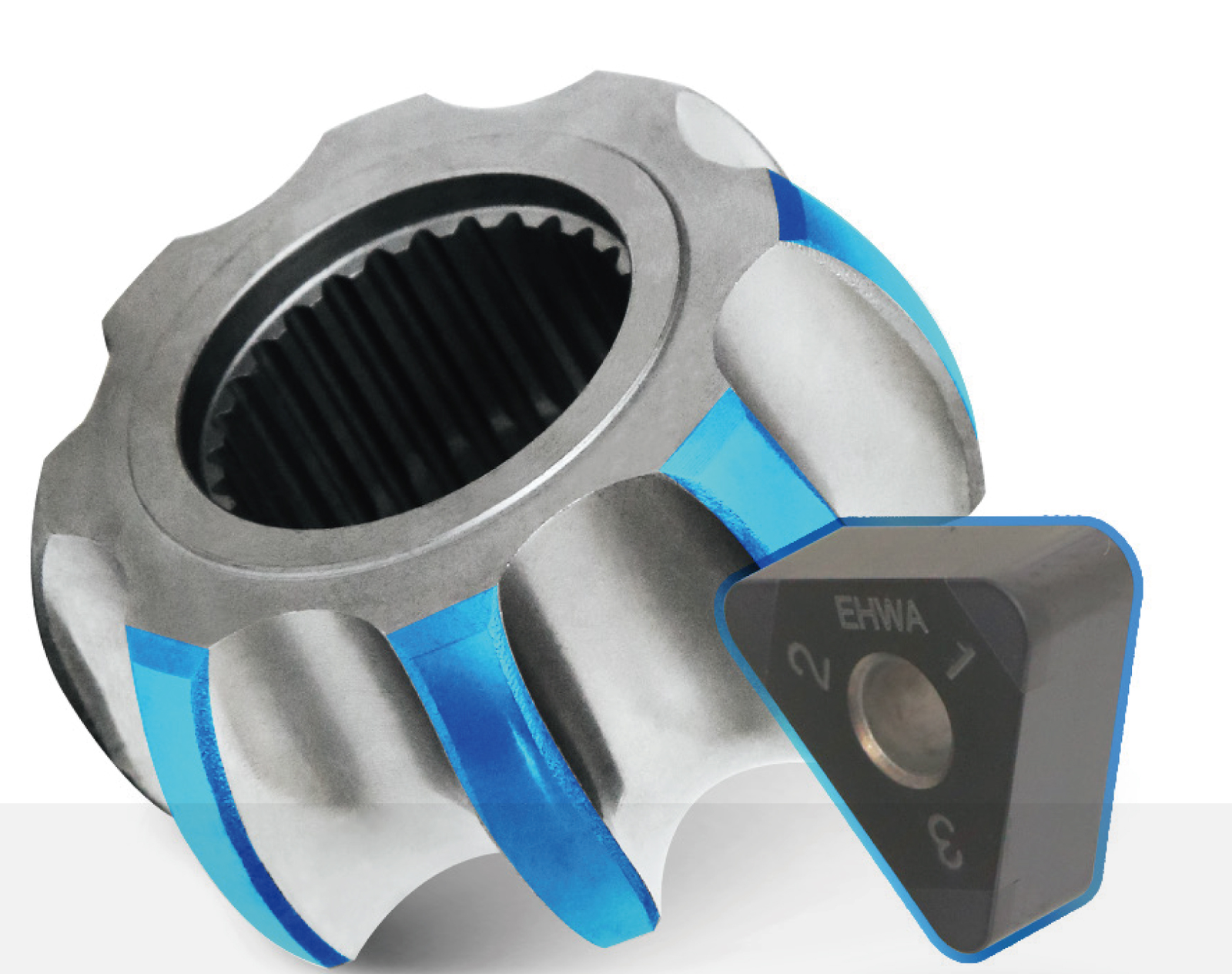 CV-joint inner component with highlighted machining surfaces and an insert.