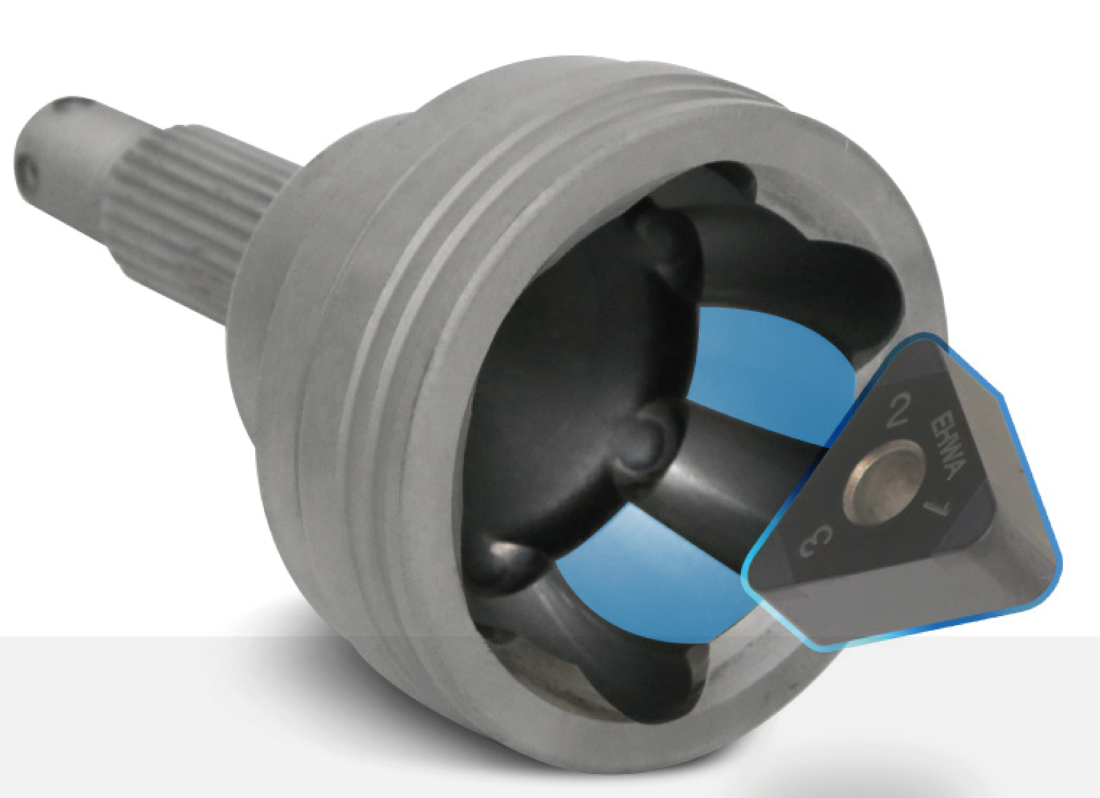 CV-joint outer component with highlighted machining surfaces and an insert.