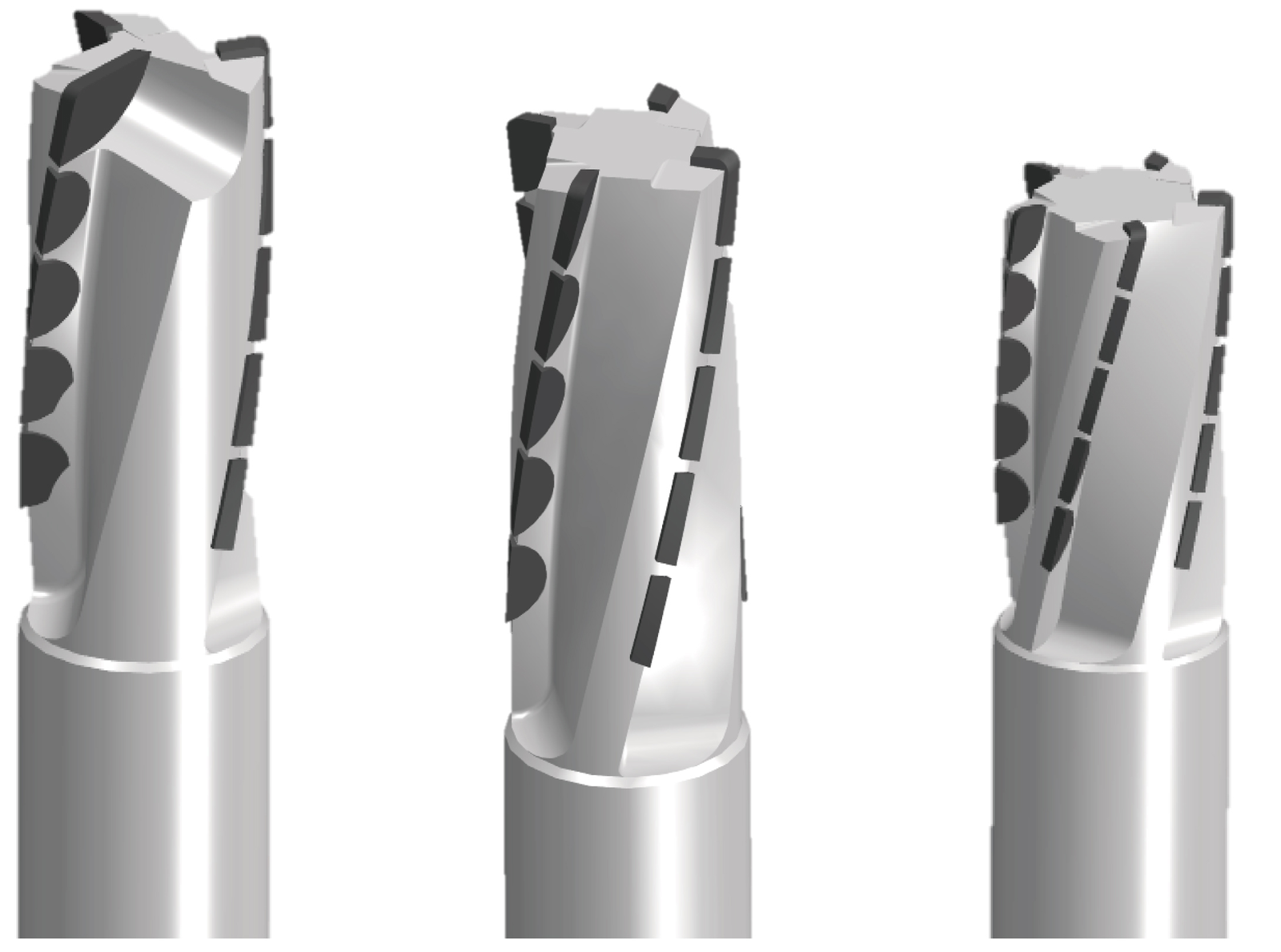 Three PCD end-mill designs with a helical cutting-edge arrangement.
