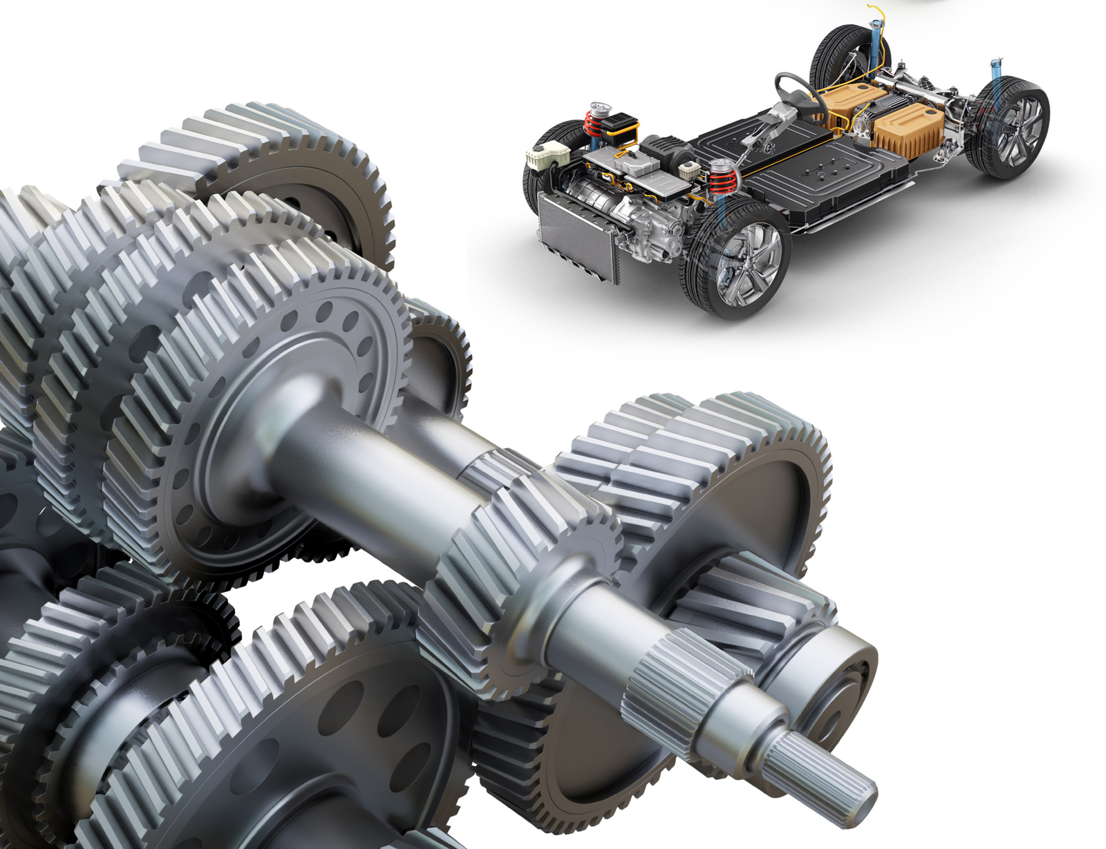 Electric-vehicle drivetrain platform and transmission gears.