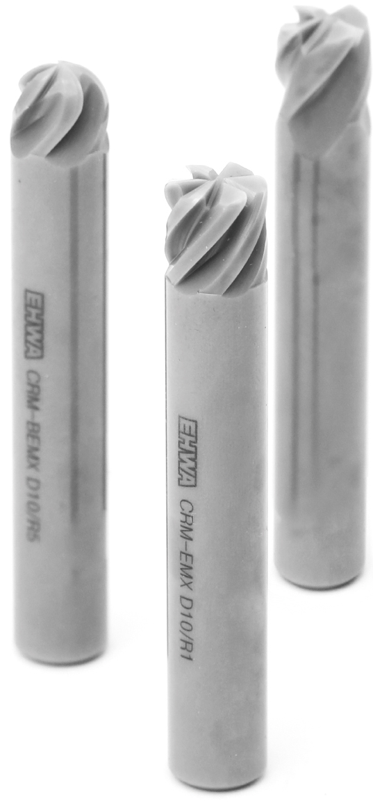 Ceramic end mills with different head designs.