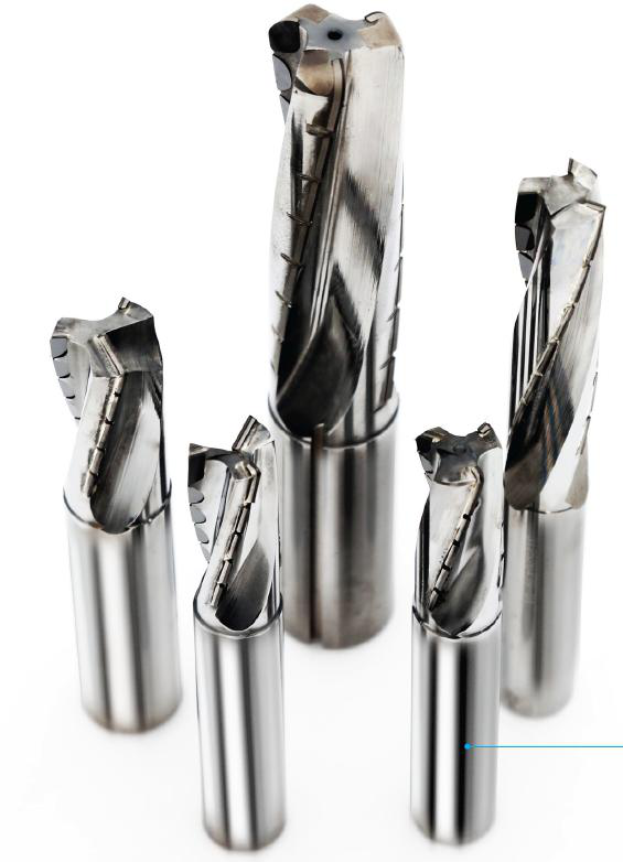 Helical PCD end mills with tungsten-carbide shanks.