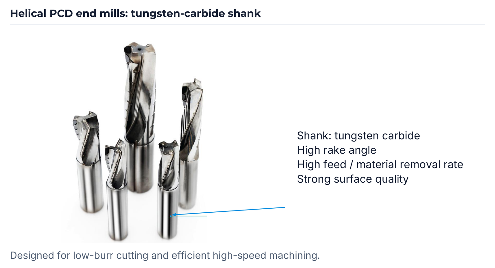 PCD end mills: carbide shank and performance features.