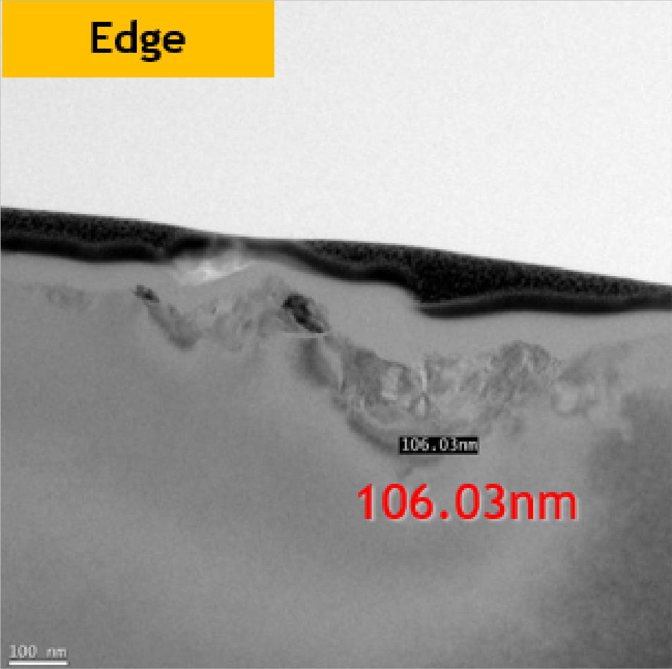 Vitrified #5000, edge: marked damage depth 106.03 nm; original measurement line and scale retained.
