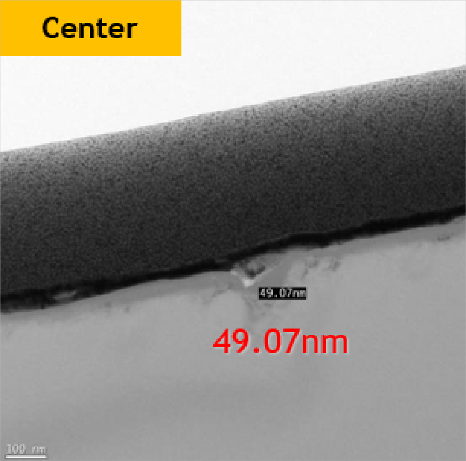 Vitrified #8000, centre: marked damage depth 49.07 nm; original measurement line and scale retained.