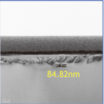 TEM damage depth image with the original 84.82 nm value and original 100 nm scale.
