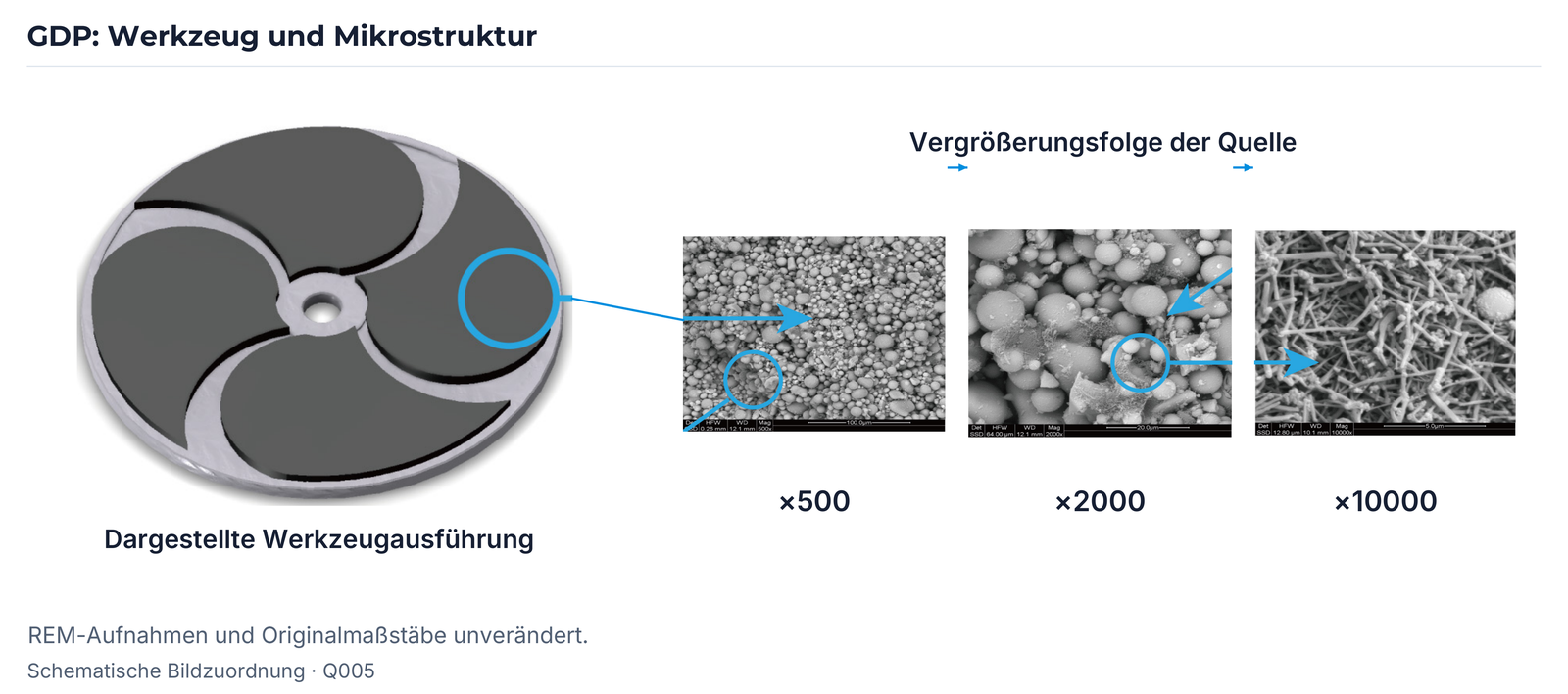 GDP-Werkzeug und Vergrößerungsfolge ×500, ×2000 und ×10000; alle REM-Maßstäbe und Originalmarkierungen bleiben erhalten.
