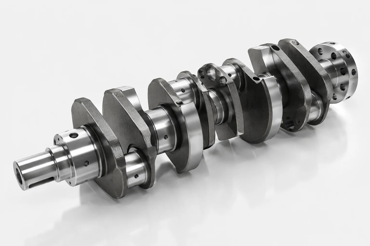 Crankshaft with selectable grinding surfaces: shaft journal, pin journal, main bearing journal, fillet radius and flange face