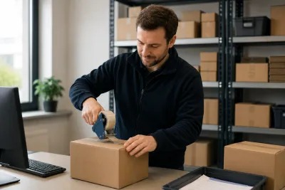 Mitarbeiter bei der Kommissionierung und Verpackung im Lager